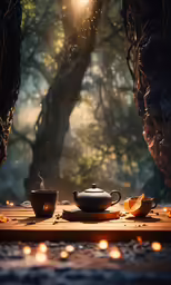 an image of a tea set with a candle coming out of the hole