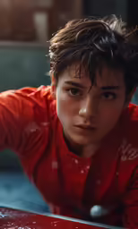 a young man looks over a table while leaning on it