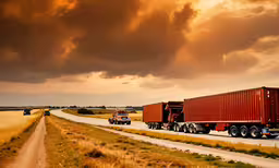 two semi trucks and semi trailer in an open road,a long line of trucks drive down the road