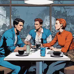 a group of people sitting around a table,two men and one woman sitting at a table in front of a window