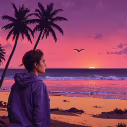 there is a woman that is standing on the beach,a person standing in front of the ocean at sunset