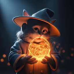 a cat dressed in a wizard outfit with a light ball in its paws