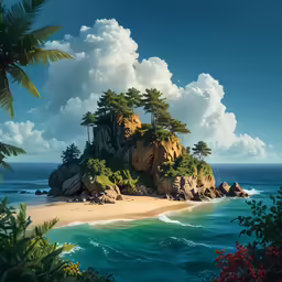 a painting shows a small island with trees on it surrounded by greenery