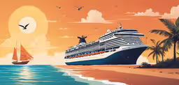 a painting of a cruise ship and a sailboat,a cruise ship on the beach next to a beach
