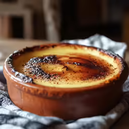 a pastry on a brown bowl on top of a table