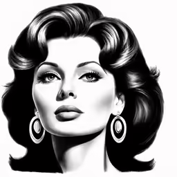 a black and white photo of a woman with big earrings