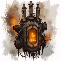 digital painting of a burning furnace in black and white