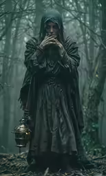 a woman in a long coat and hood standing in the woods
