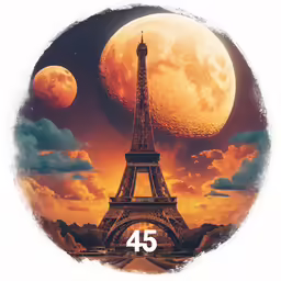 the eiffel tower in paris with a full moon and two stars