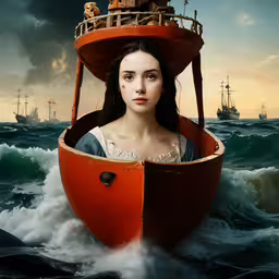 a woman riding on top of an orange boat with ships in the background,a painting with an image of a woman in a boat