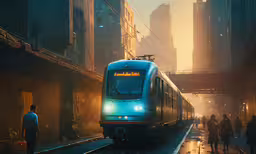 people walk in front of an approaching train,a subway train is on its tracks in the city