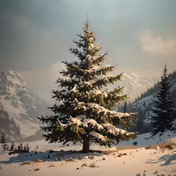 a pine tree stands alone in a snow - covered landscape