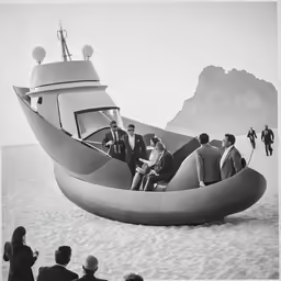 men on a giant inflatable boat with people standing on the beach