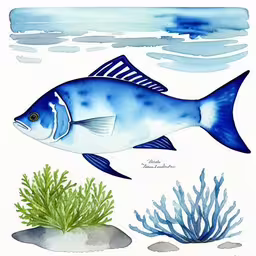 a blue fish sitting in front of some seaweed,an art work of a fish next to seaweed,a drawing of a blue fish on a white background,an aquarium scene with fish and corals on the surface,blue fish sitting next to plants and bushes