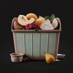 an apple, blueberry, pears and bread sit in a container