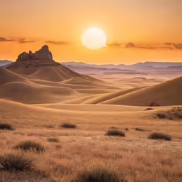 a sun set behind a desert landscape with sparse grass