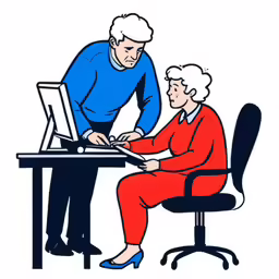 the woman and man are working on the computer