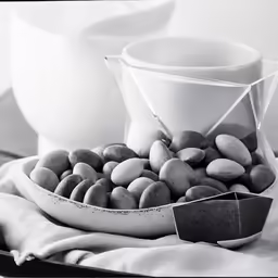 a black and white photo of rocks in a bucket and bowl