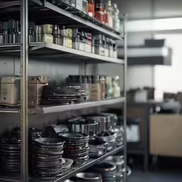 a variety of shelves hold plates and bowls