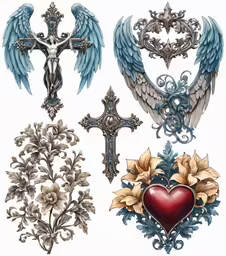 the crosses, cross tattoos and angel wings are in blue