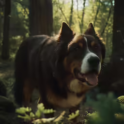 a dog looking up into the camera in a forest