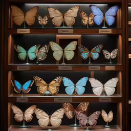display case filled with butterflies for sale on shelves