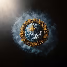 an artistic photo taken from the sky shows a blue earth with leaves on it