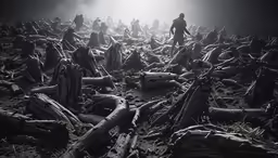 a group of people standing around piles of logs