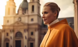 woman in a yellow cape and a large clock tower