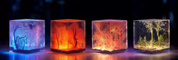 an image of different shades of lights that look like things,three illuminated glass cubes in the shape of trees