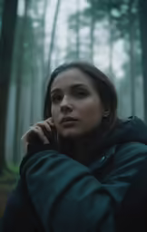 a girl standing in a forest looks into the distance