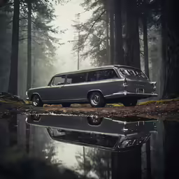 a silver vehicle sits parked in the woods by a body of water