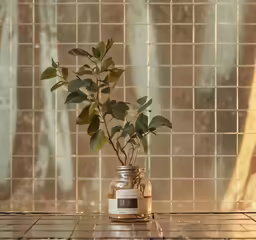 there is a small jar with a plant inside