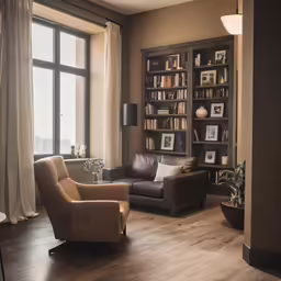 a brown chair in a living room with two windows