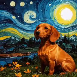 the brown dog is sitting in front of a painting