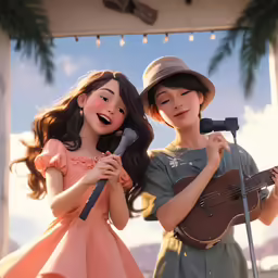 the young children are singing together in front of a microphone