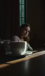there is a woman drinking coffee in front of a laptop