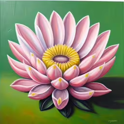 a painting on canvas of a flower painted on the wall,a painting of a pink flower with yellow center