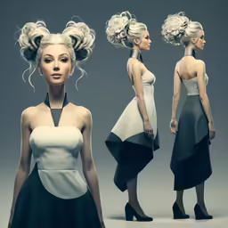 three different views of a woman wearing a black and white dress