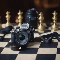 a black and white chess board with a digital camera on it