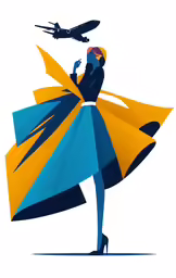 an illustration of a woman in blue holding a large umbrella