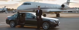 a man with a suit and tie standing in front of a black car next to an airplane