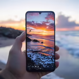 someone holding up their phone with a sunset view