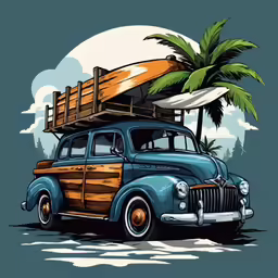 an old fashion car with a surfboard on top