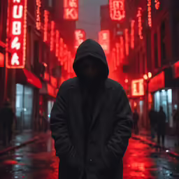 a hooded person in a black coat standing outside at night with neon signs