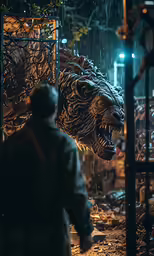 godzilla statue being worked on by someone in the rain