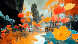 the computer generated image shows a landscape of colorful trees, shrubs and flowers