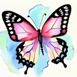 a butterfly is flying on a white surface,an abstract painted butterfly with pink and yellow colors,a pink and black butterfly flying over water,a watercolor painting of a pink butterfly,a close up of a butterfly on a white background