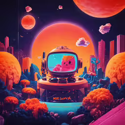 a painting of a space station and rocket,a pink animal sitting on top of a monitor in front of red orange trees