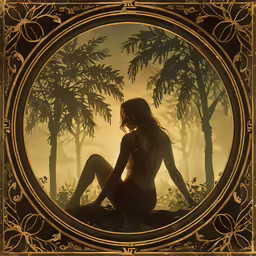 a naked woman sitting in a forest with trees
